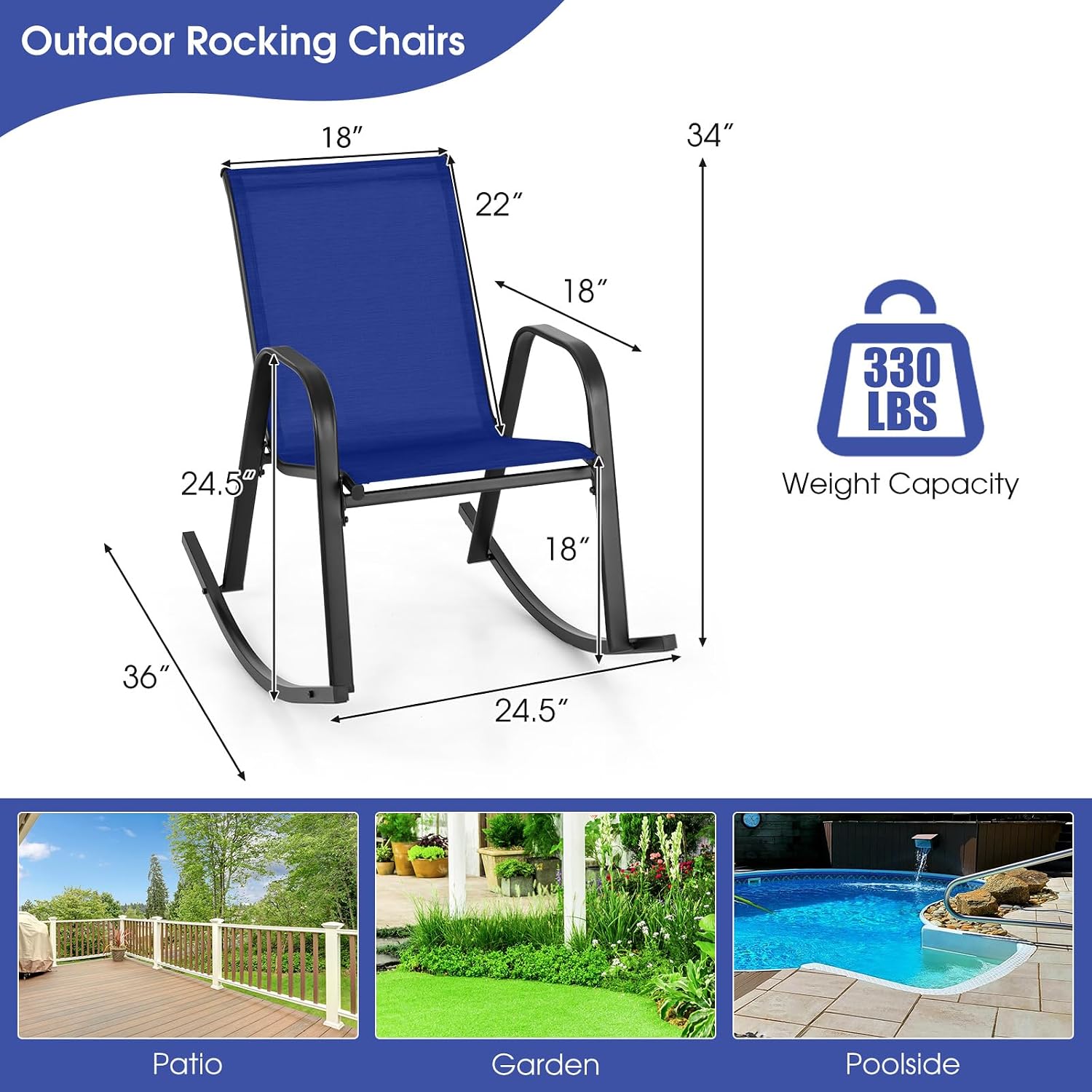 Giantex Outdoor Rocking Chairs Set of 2, Patio Rocking Chairs w/Breathable Seat & Back, Heavy-Duty Metal Support, Ergonomic Outside Rocker for Backyard, Poolside, Garden, Navy