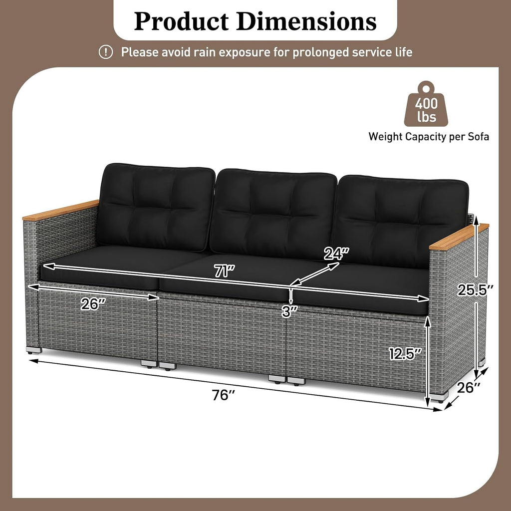 Tangkula 3-Seat Patio Wicker Couch Sofa, Outdoor 3 Seater Rattan Furniture Set with Acacia Wood Armrests & Thick Cushion, Outside Sectional Sofa Couch for Porch, Deck, Garden and Backyard, Black