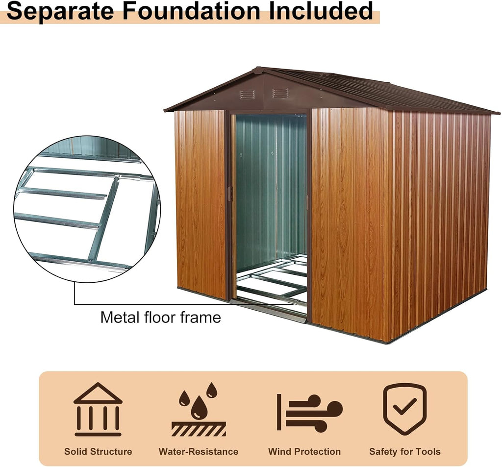 JT 7.5x5.5FT Outdoor Storage Shed with Floor Frame, Metal Garden Shed with Sliding Doors, Waterproof Galvanized Steel Storage House for Backyard Garden, Patio (7.5 x 5.5 FT, Coffee)