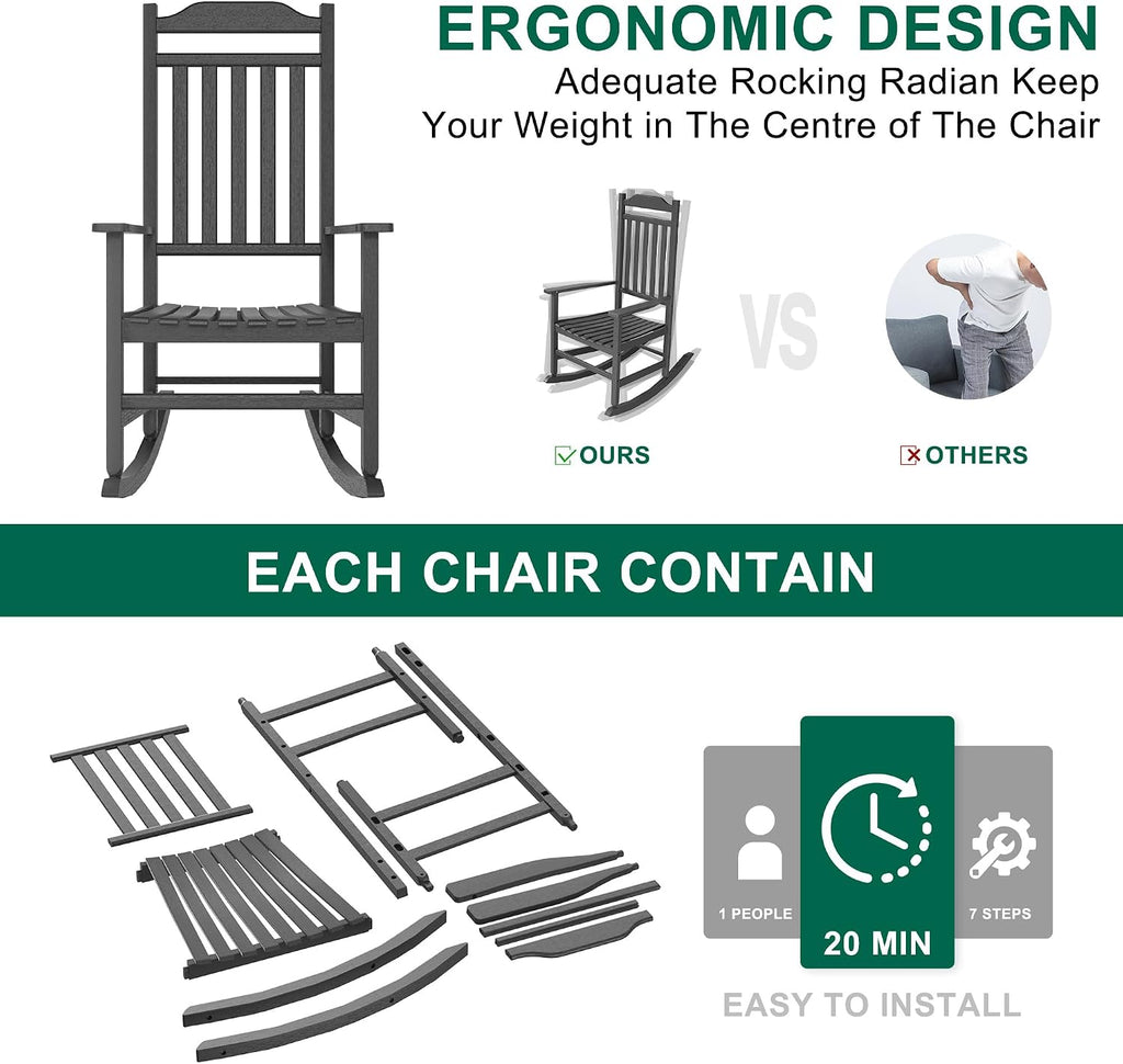 PatioZen Outdoor Rocking Chair Porch Rocker All Weather Resistant Porch Rocker for Lawn Garden High Back Armrest (2,Black)