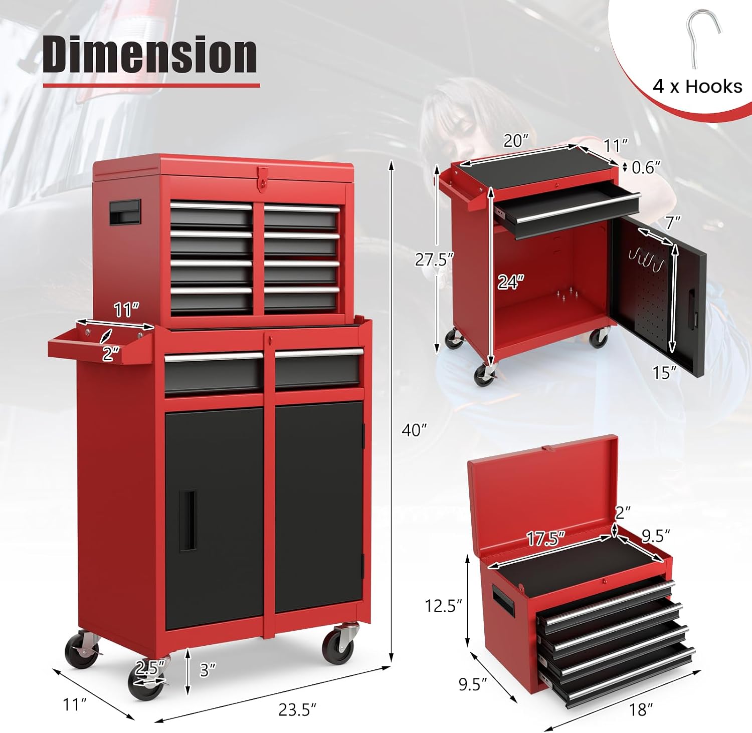Goplus Tool Chest, 5 Drawers Rolling Tool Cabinet with Detachable Top Toolbox, Universal Lockable Wheels, Lock Bar, Protective Liner & Tool Rack, Metal Tool Storage Cart, Tool Box for Garage Workshop