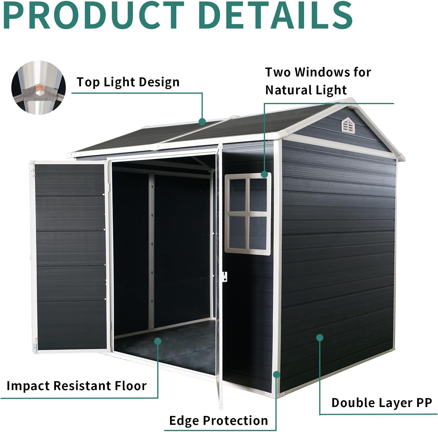 Outdoor Resin Garden Shed with Double Doors, Floor and 2 Windows, Plastic Patio Outdoor Storage Shed with Lockable Door for Garden Tools, Bicycles, Trash Cans