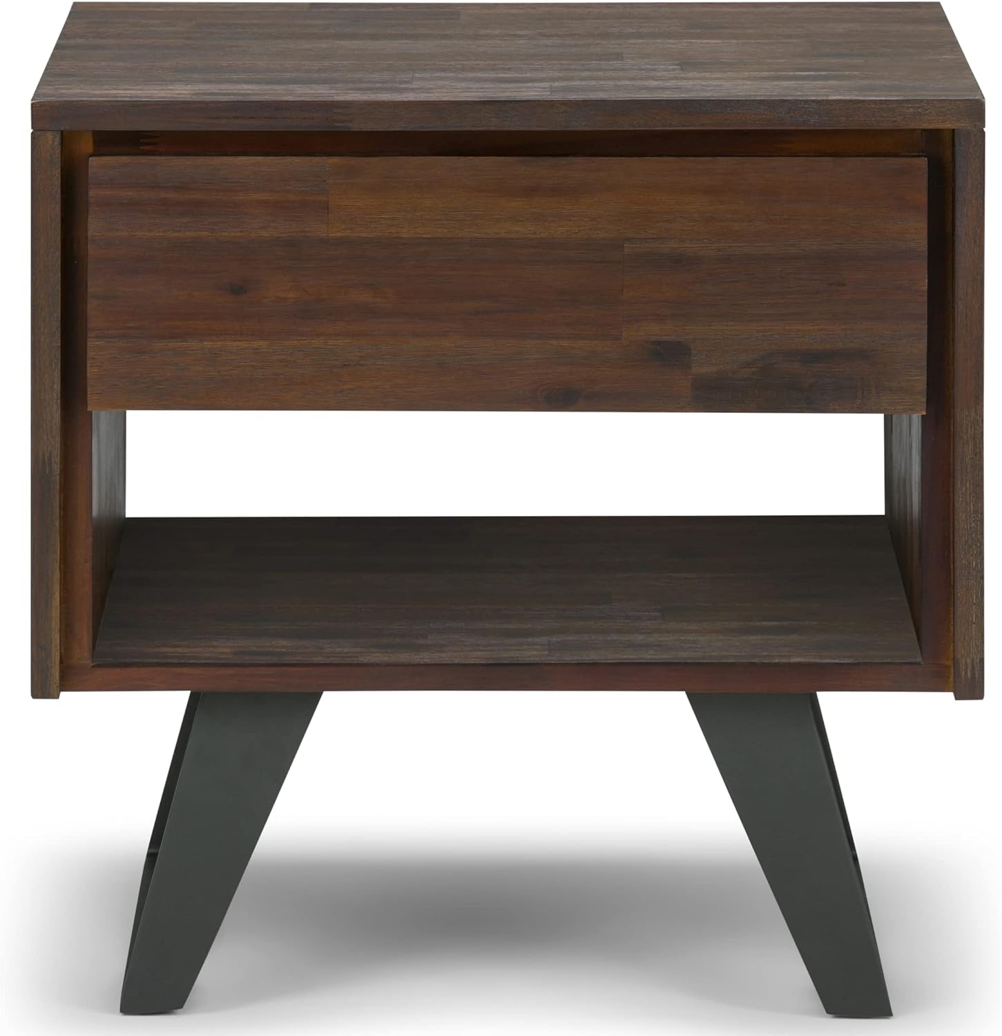 SIMPLIHOME Lowry End Table - 22 inch Wide Solid Acacia Wood Square Accent Table with Drawer and Open Shelf in Distressed Charcoal Brown, Modern Industrial Lamp Stand with Angled Legs for Living Room