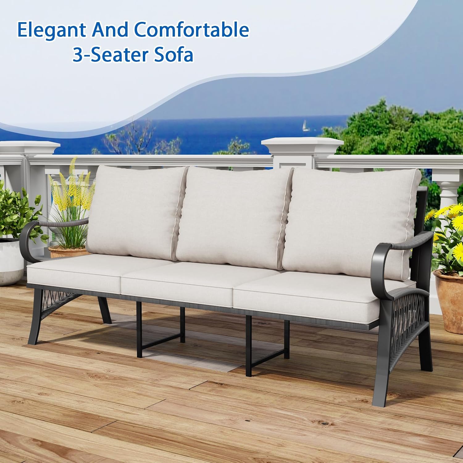 5 Piece Patio Furniture Set, 7 Seat Metal Outdoor Sectional Sofa Set with Thick Cushions, All Weather Patio Conversation Set with Coffee Table for Garden, Porch, Lawn, Beige
