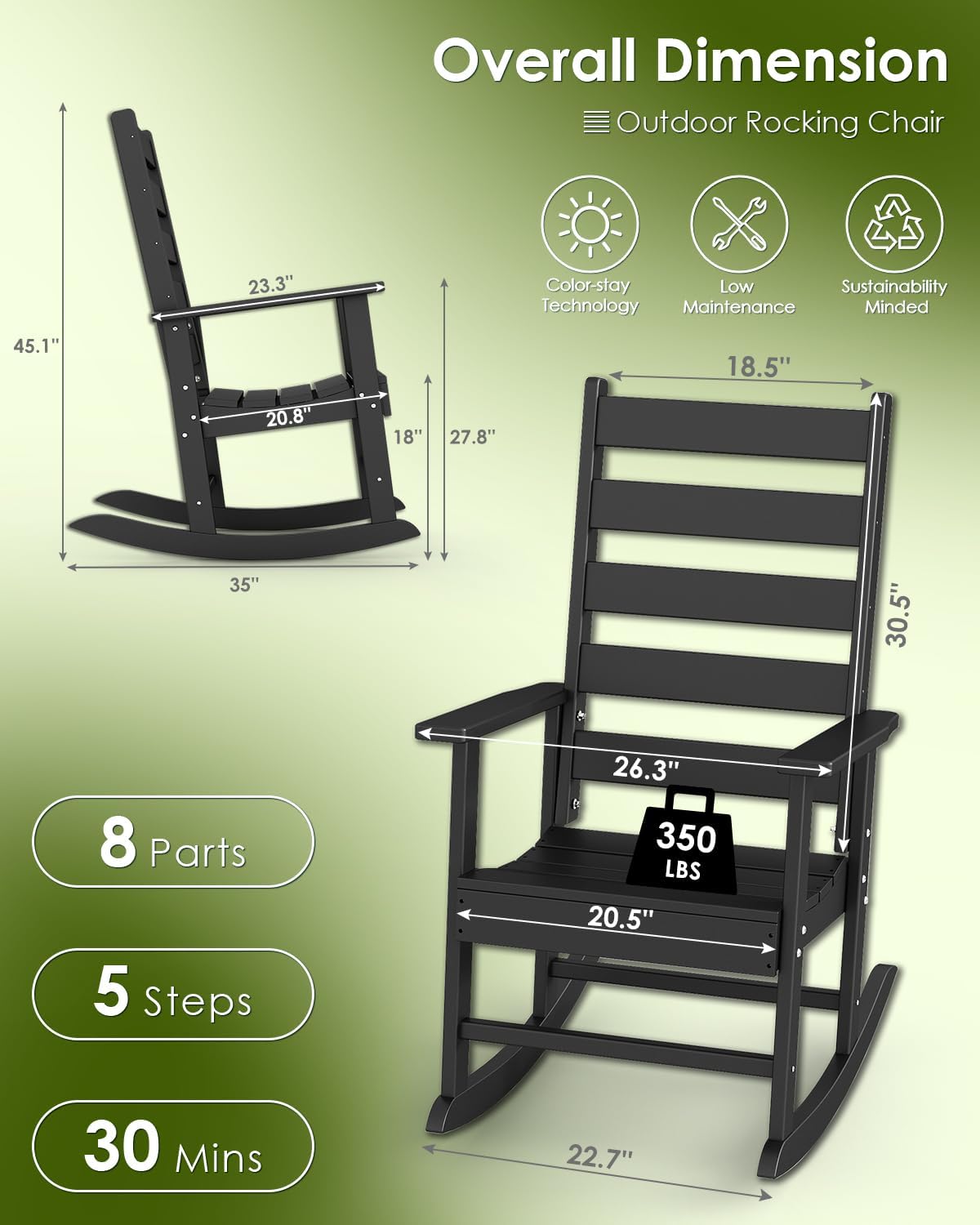 GREENVINES Outdoor-Rocking-Chairs-Set-of-4 | HDPE Plastic | Patio Rockers | Porch Rocker Chair | Shaker | Oversized | High Ladder Back | Big & Tall | PentaLuxe | Black
