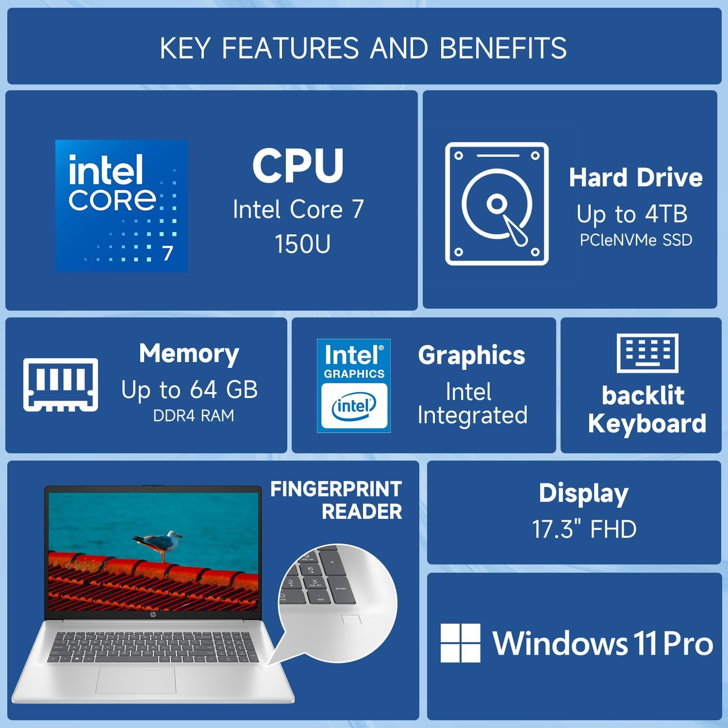 HP 2025 Laptop, 17.3' FHD, CORE 7 (Exceeds i7 1355), 16GB RAM, 2TB SSD, FP Reader, Backlit Keyboard, Webcam, Wi-Fi 6, Windows 11 Pro, Silver, Bundle with PCO Laptop Cooler