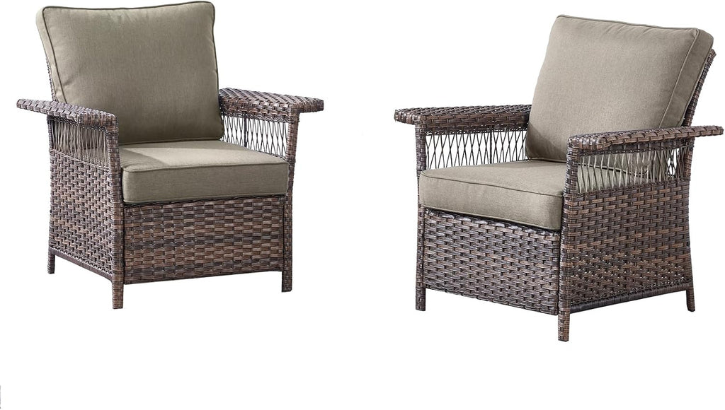 Outdoor Patio Chairs Wicker Chair - 2 Piece Rattan Patio Furniture Chairs Set with Sturdy Frame,All-Weather PE Wicker and Comfortable Cushions for Outside Porch Deck Balcony(Brown/Grey)
