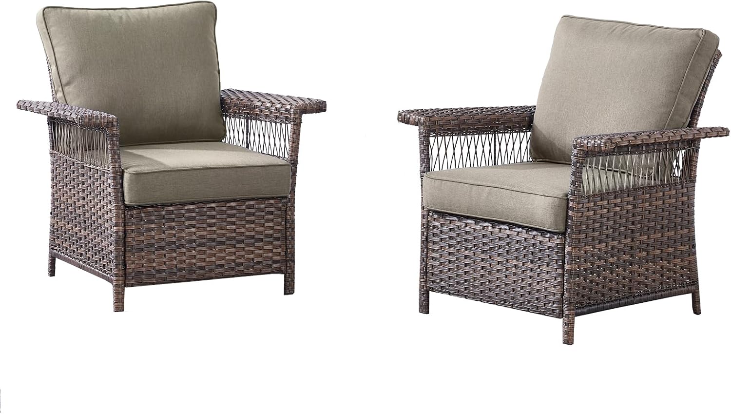 Outdoor Patio Chairs Wicker Chair - 2 Piece Rattan Patio Furniture Chairs Set with Sturdy Frame,All-Weather PE Wicker and Comfortable Cushions for Outside Porch Deck Balcony(Brown/Grey)