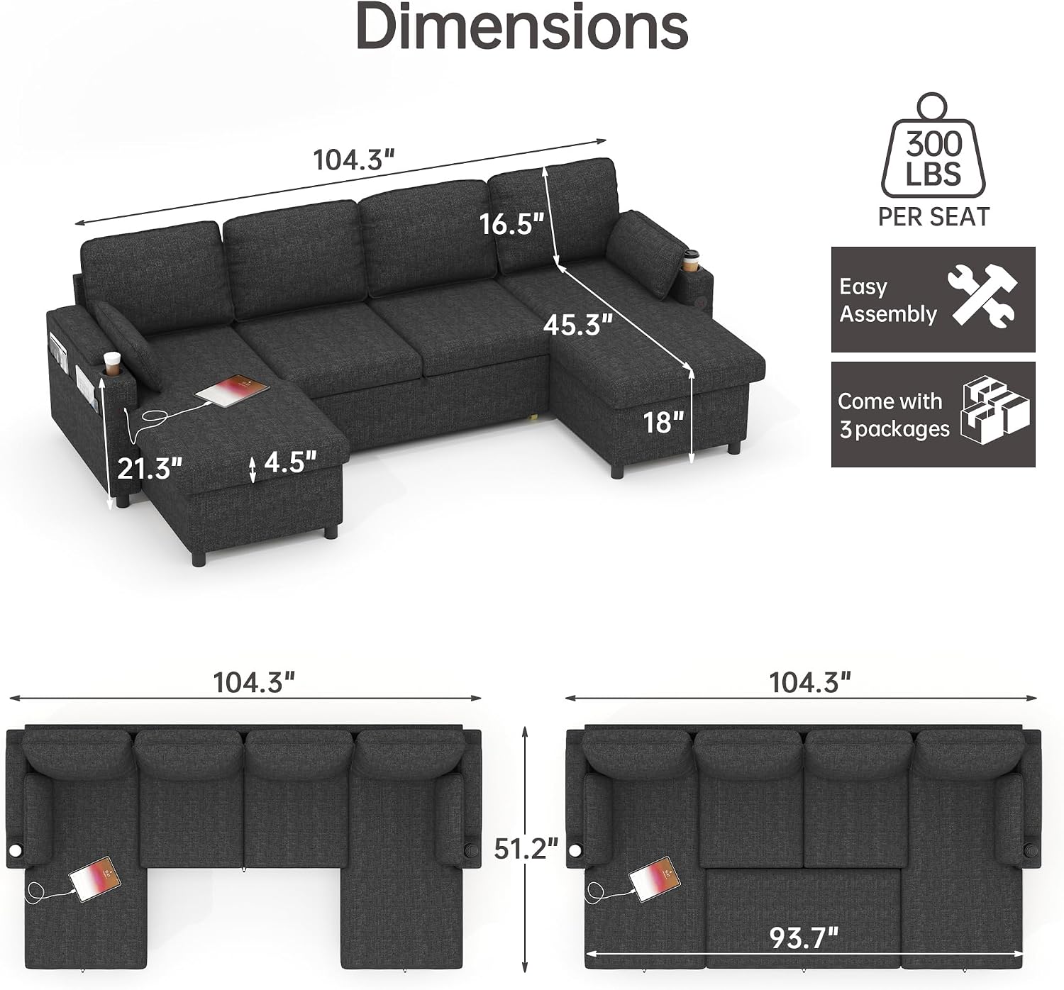 DURASPACE Sofa Bed Pull Out Couch Sleeper with Double Storage Chaise, U Shaped Convertible Sectional Sleeper Sofa for Living Room with USB Charging Ports, Cup Holder (Dark Gray)
