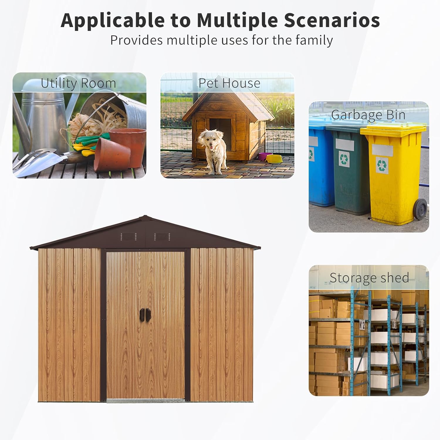 8 X 4 FT Outdoor Storage Shed Large Metal Utility Tool Sheds with Floor Frame and Window Vertical Outside Storage Building with Sliding Door for Backyard Garden Patio Lawn, Coffee