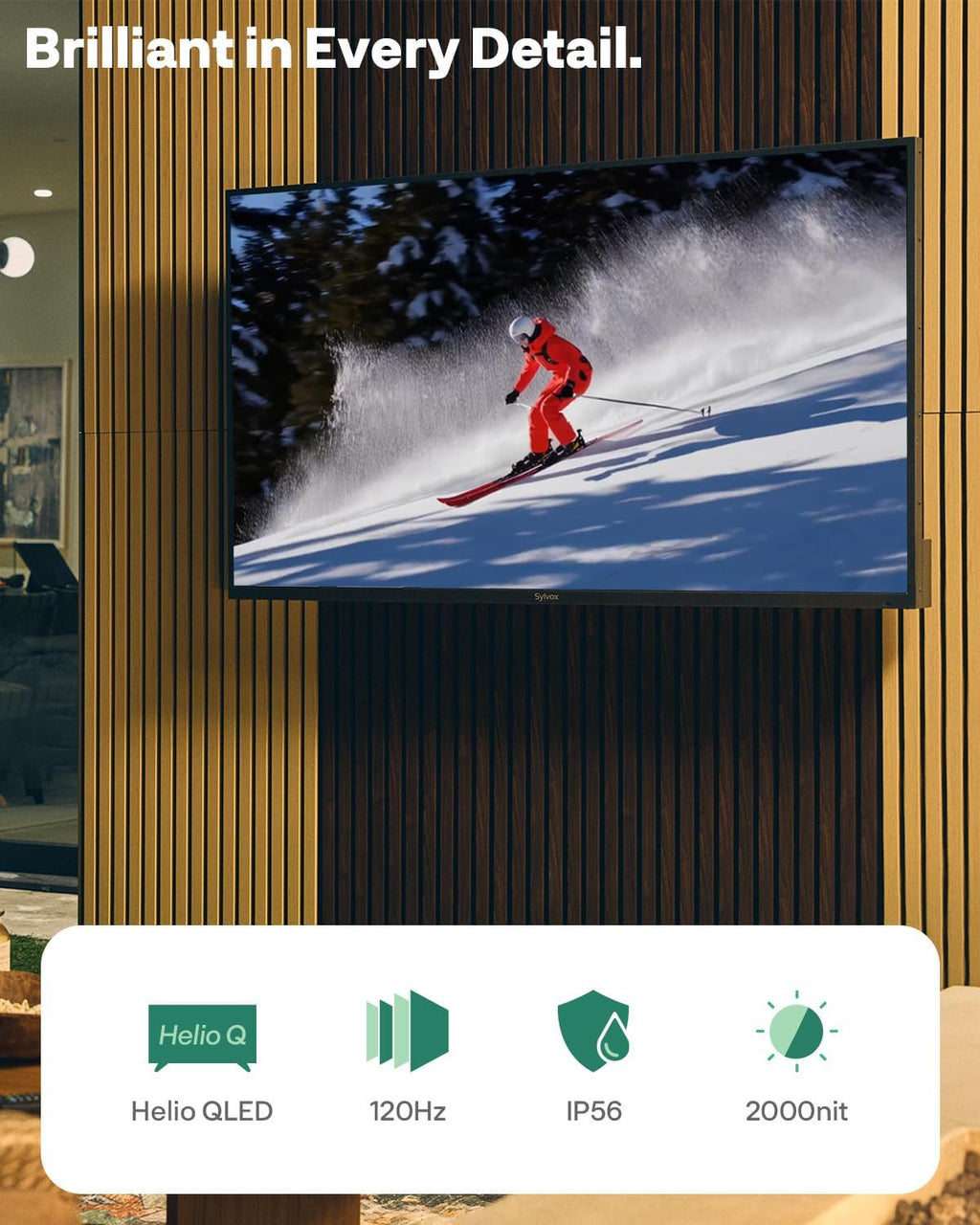 SYLVOX Outdoor TV, 65-Inch Helio QLED Mini LED TV 120Hz, 2000 Nits, IP56 Waterproof, Anti-Glare, Dolby Atmos Speakers 30W*2, Smart Television for Patio, Backyard & Full Sun Areas (Cinema Series)