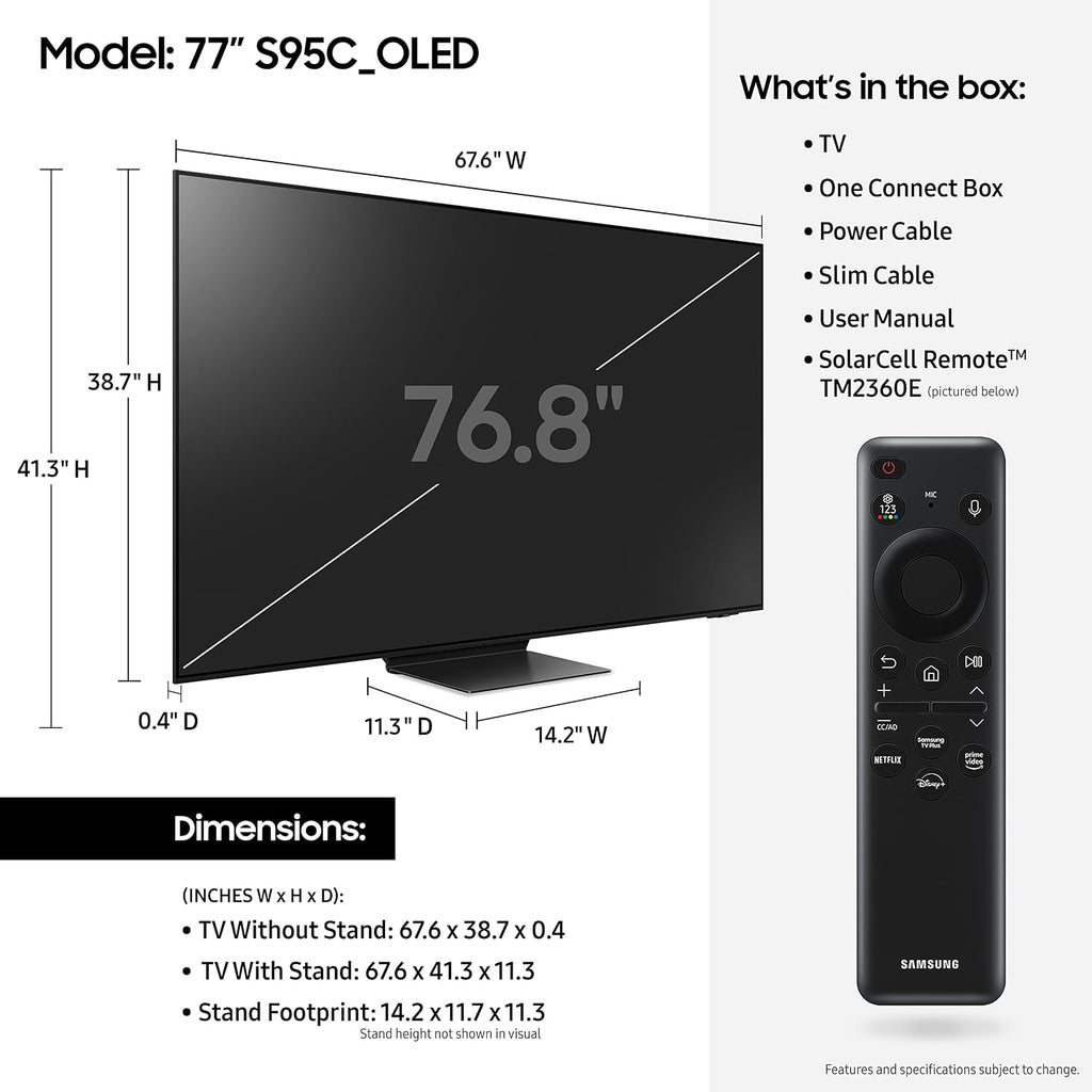 Samsung 77-Inch Class OLED 4K S95C Series Quantum HDR Smart TV w/Dolby Atmos, Object Tracking Sound+, Q Symphony, Motion Xcelerator Turbo Pro, Gaming Hub, Alexa Built-in (QN77S95C, 2023 Model)
