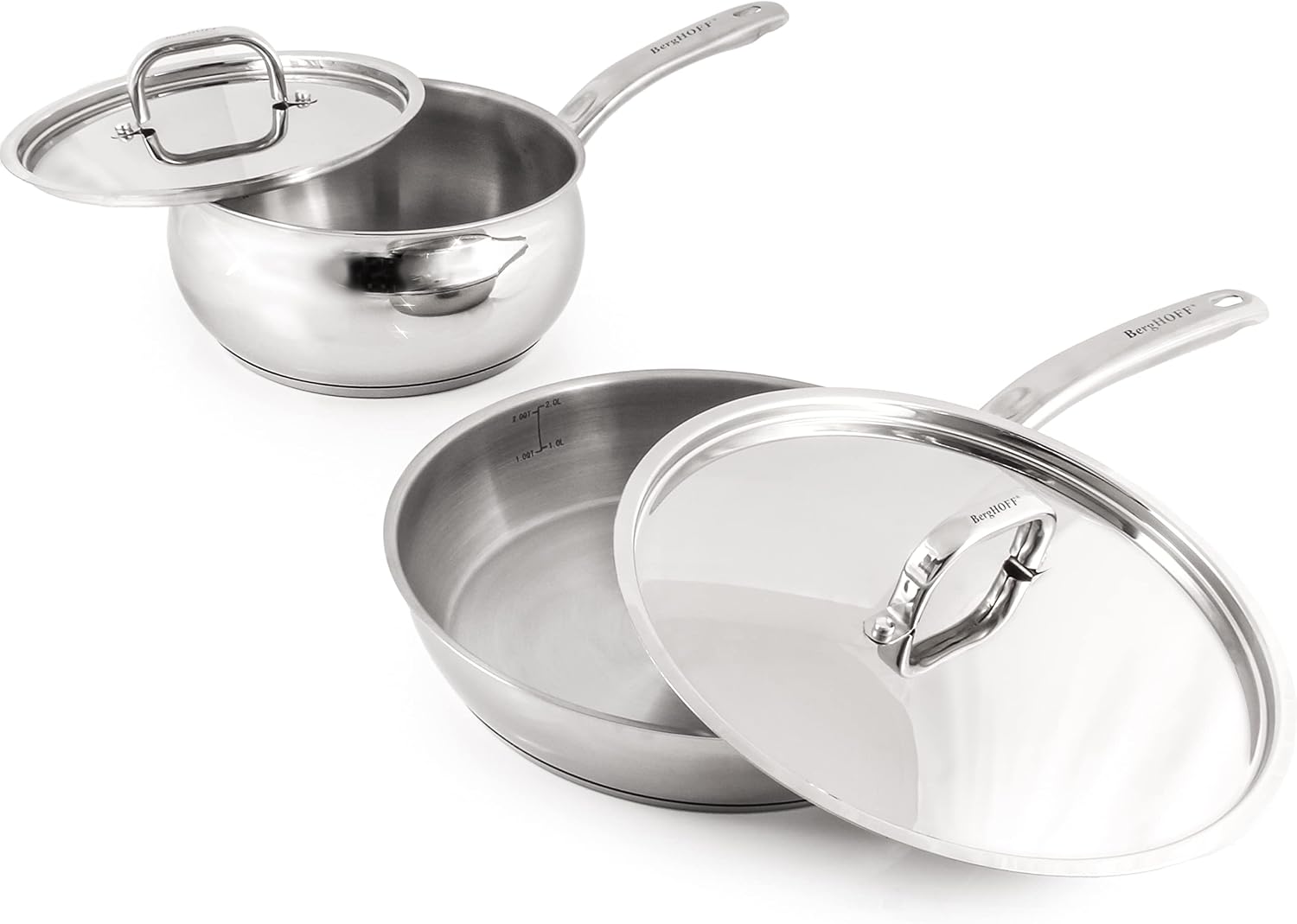 BergHOFF Belly Shape 18/10 Stainless Steel 4Pc Cookware Set, Metal Lids, Fast, Evenly Heat, Induction Cooktop Ready