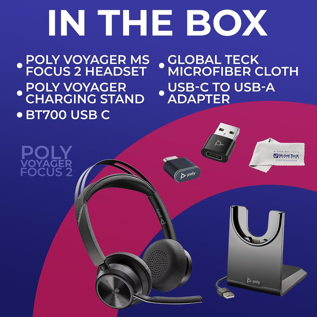 Poly Plantronics Voyager Focus 2 UC, Stereo Bluetooth Headset with Charging Stand, USB C, with USB C to USB A Adapter, Compatible with Teams, Zoom, Connects to Laptop,PC/Mac, Smartphone - GTW Cloth
