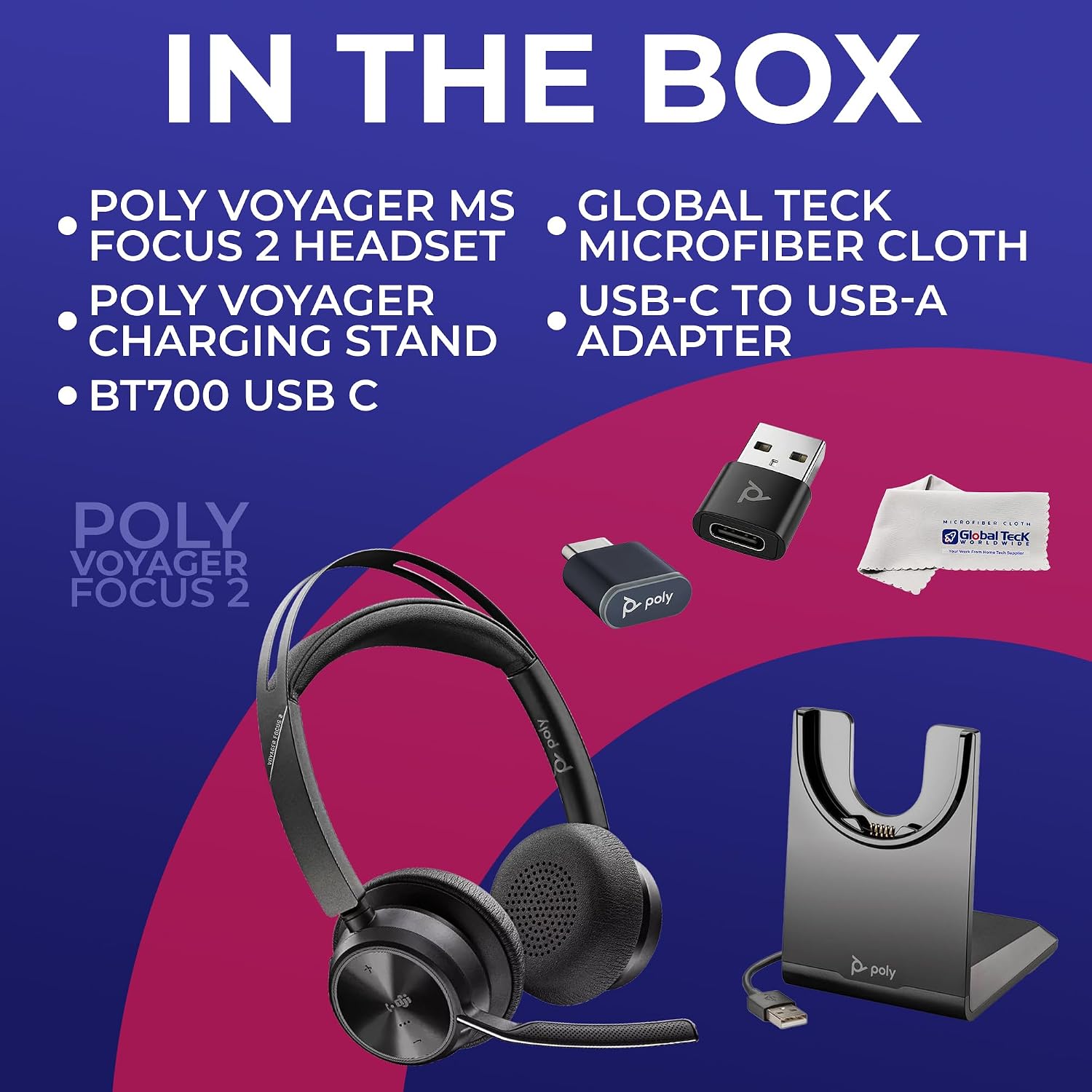 Poly Plantronics Voyager Focus 2 UC, Stereo Bluetooth Headset with Charging Stand, USB C, with USB C to USB A Adapter, Compatible with Teams, Zoom, Connects to Laptop,PC/Mac, Smartphone - GTW Cloth