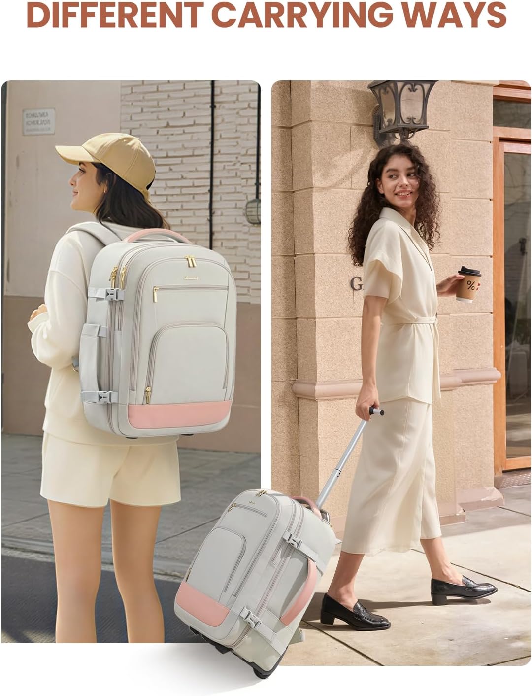 LOVEVOOK 50L Rolling Backpack with Wheels, 18 Inch Carry On Luggage for Women, Water Resistant Wheeled Travel Backpack, Flight Approved Underseat Trolley Bag for Business, Overnight Trips, College