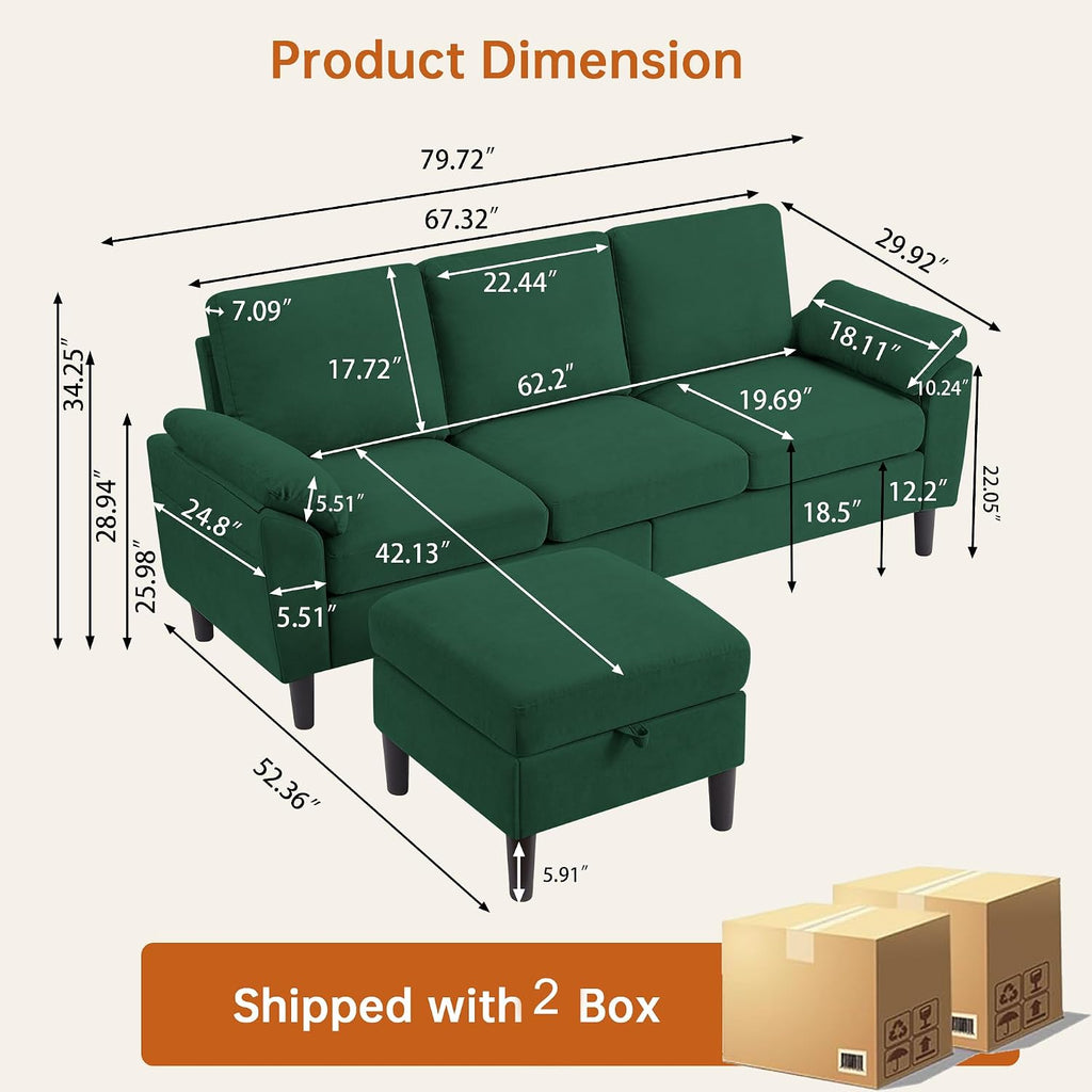 79' Convertible Sectional Sofa, Modern L Shaped 3 Seat Couch with Reversible Ottoman, Small Sectional Couches for Living Room, Apartment (Green)