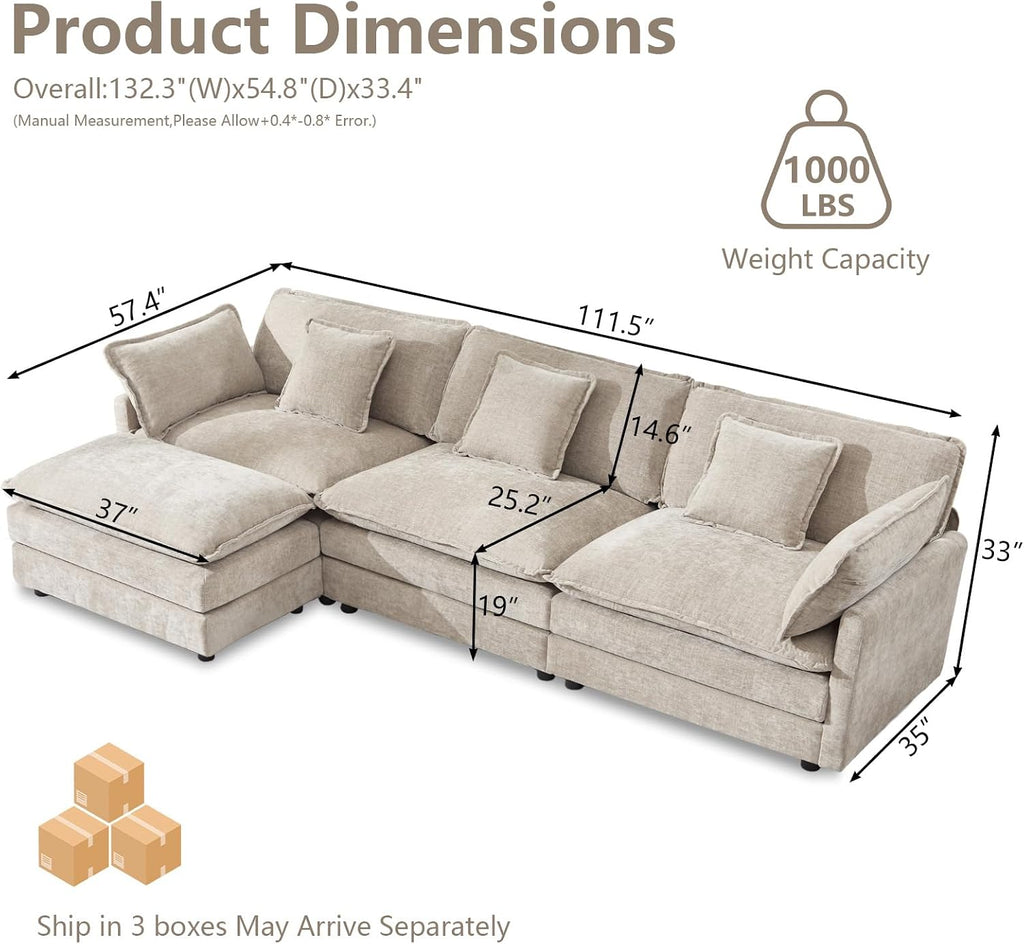 GNIXUU 111.5' Chenille Cloud Couch with Movable Ottoman, Comfy Modular Sectional Sofa, Deep Seat, L Shaped Sectional Couches for Living Room, Apartment, Office(Camel)