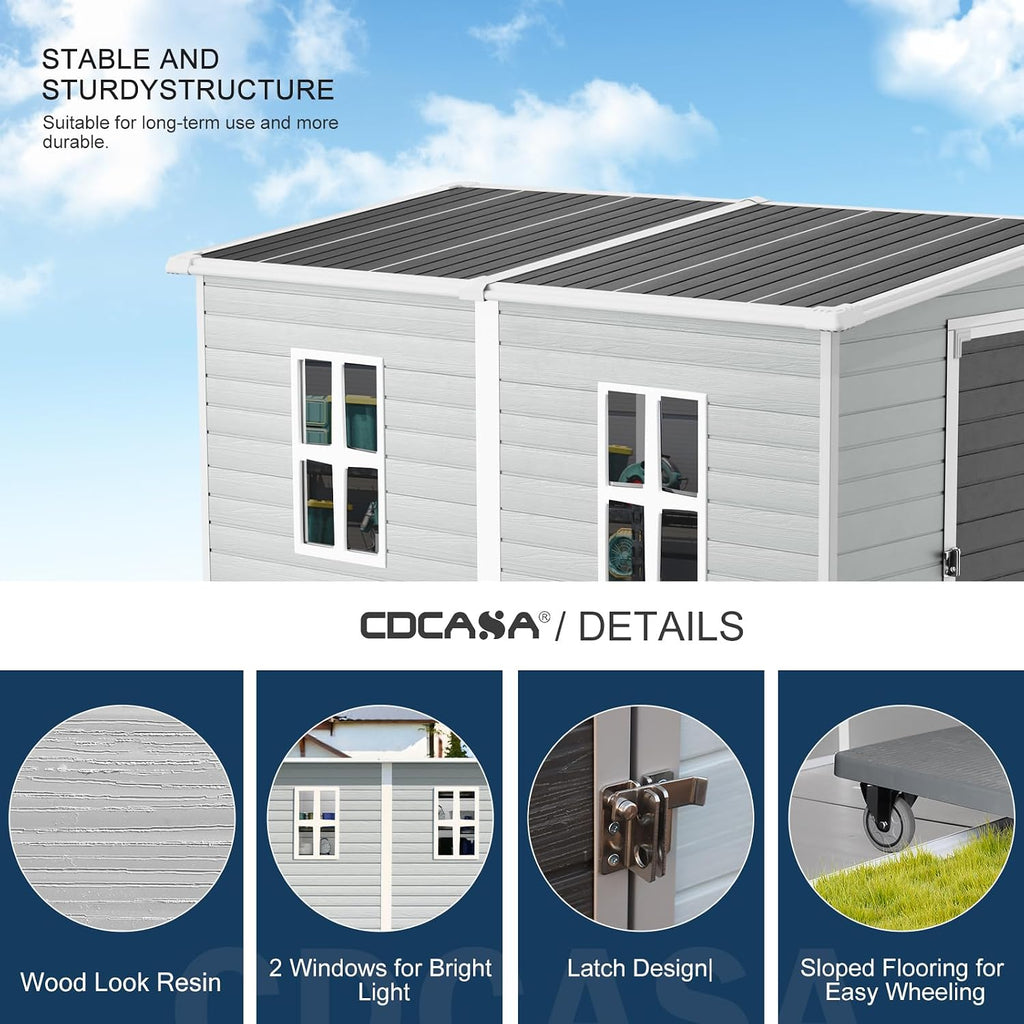 CDCASA 4x8 FT Resin Lean to Shed, Waterproof Outdoor Storage Sheds with Floor Included & Lockable Door & Window, Outside Plastic Tool Shed for Backyard, Patio,Garden, Poolside,Sloped Roof, Grey