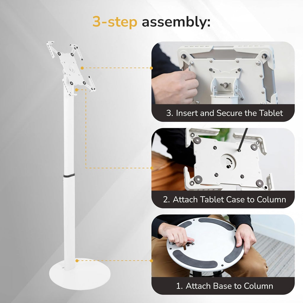 Mount-It! Anti-Theft Universal Tablet Floor Stand Kiosk, Locking Enclosure for iPad, Galaxy Tab & Surface Pro 9.7'–13.1', Height Adjustable 27.5'–47', Commercial Kiosk Stand, White