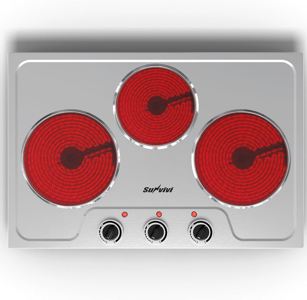 Sunvivi 1800W Triple Burner Portable Electric Ceramic Stove – Knob Control, Indicator Light, Compatible with All Cookware, Ideal for Multiple Cooking Scenarios, Silver