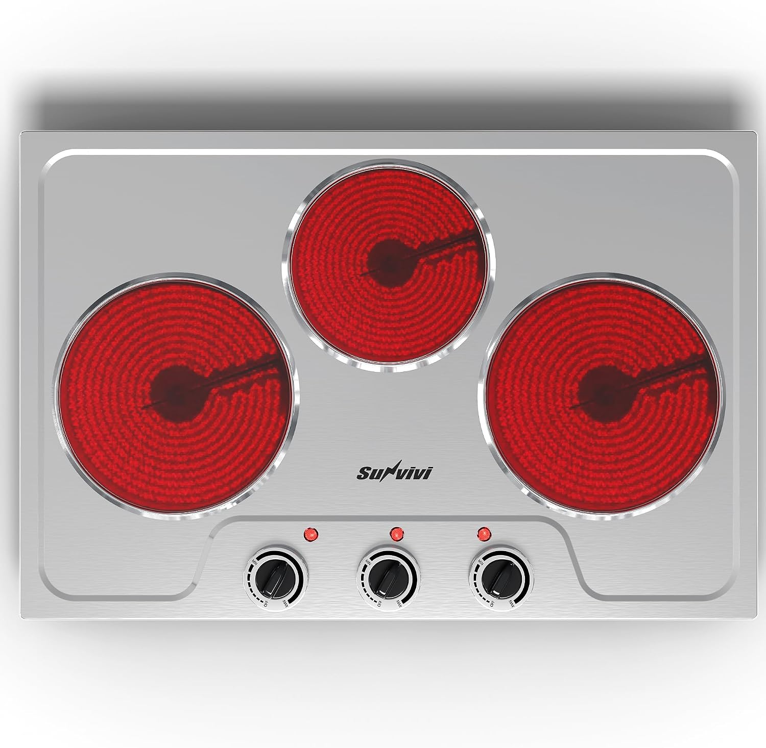 Sunvivi 1800W Triple Burner Portable Electric Ceramic Stove – Knob Control, Indicator Light, Compatible with All Cookware, Ideal for Multiple Cooking Scenarios, Silver