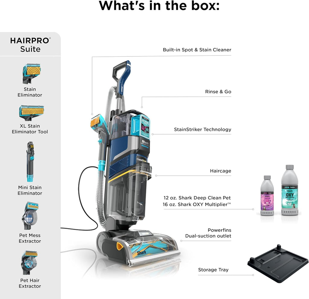 Shark CarpetXpert HairPro | Upright Carpet, Area Rug & Upholstery Cleaner | StainStriker Handheld Tough Stain Remover & Onboard Self Clean | Pet Hair Pickup & Odor Removal | 5 Tools | Navy | EX304