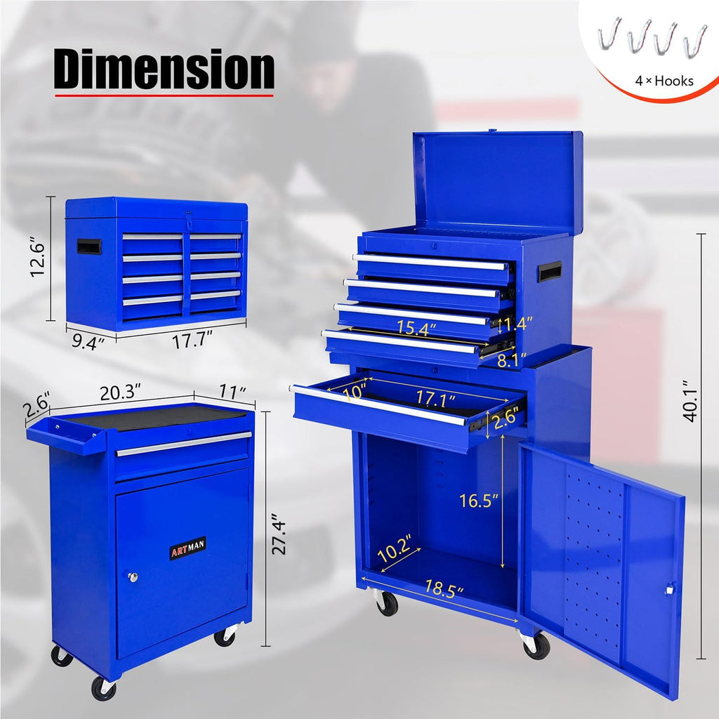 5-Drawer Tool Chest, Rolling Tool Box with Detachable Top Toolbox & Universal Wheels, Tool Cabinet with Lock Bar, Protective Liner & Tool Rack, Metal Storage Cart for Workshop,Garage (Blue)
