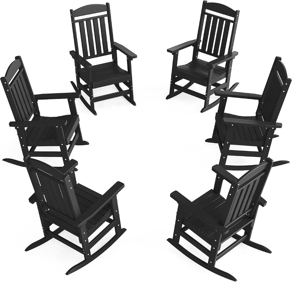 NAVINE Outdoor Rocking Chairs Set of 6, Oversized High Back Patio Rocking Chairs, All Weather Porch Rocking Chairs for Outside. Black