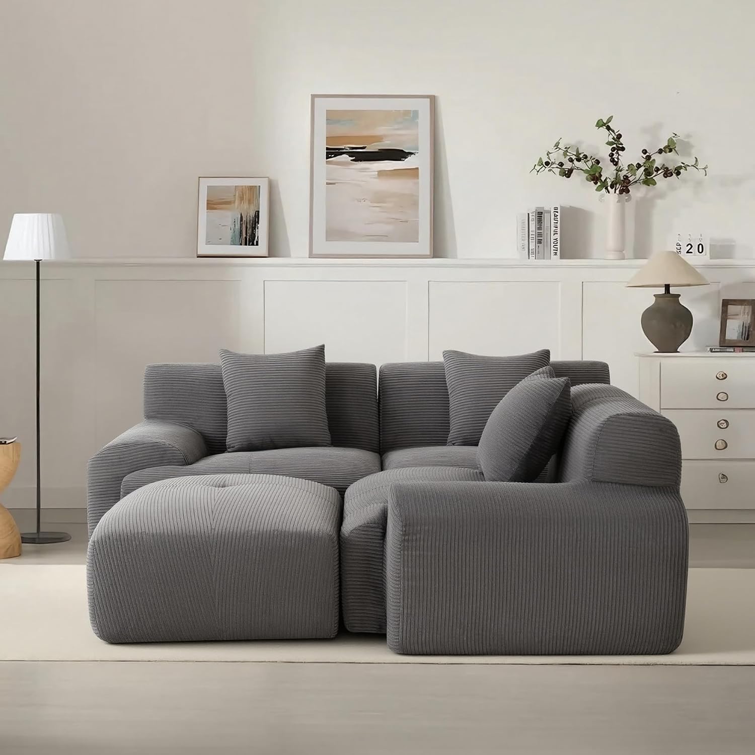 107' Cloud Modular Sectional Couch,Boneless Sofa with Ottman,L-Shape Upholstered Sofas with Deep Seat,Modern Cozy Corduroy Couches with Memory Foam,No Assembly Required (Dark Grey)