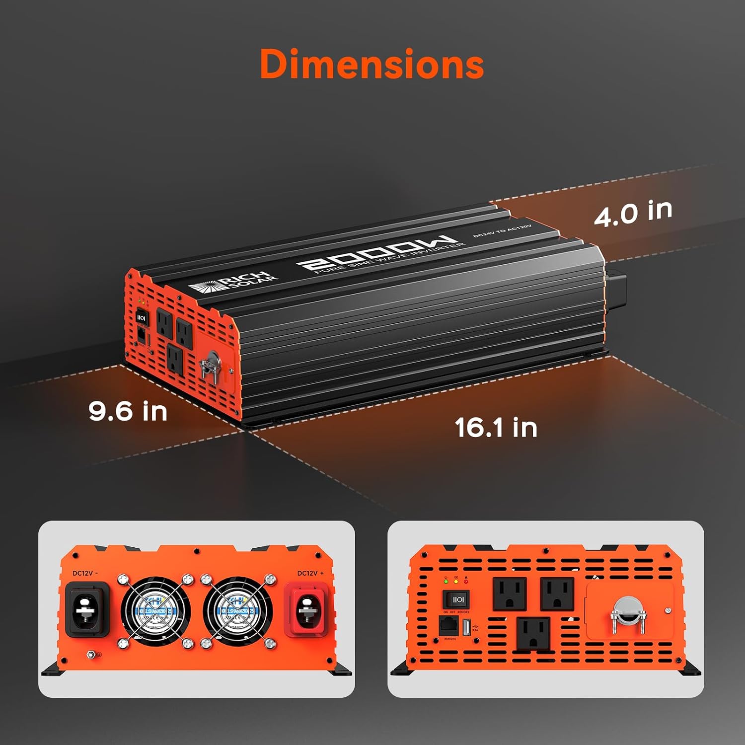 RICH SOLAR 2000 Watt 24 Volt Industrial Pure Sine Wave Inverter 24V DC to 120V AC Converter for RV Trailer Marine Off Grid Home