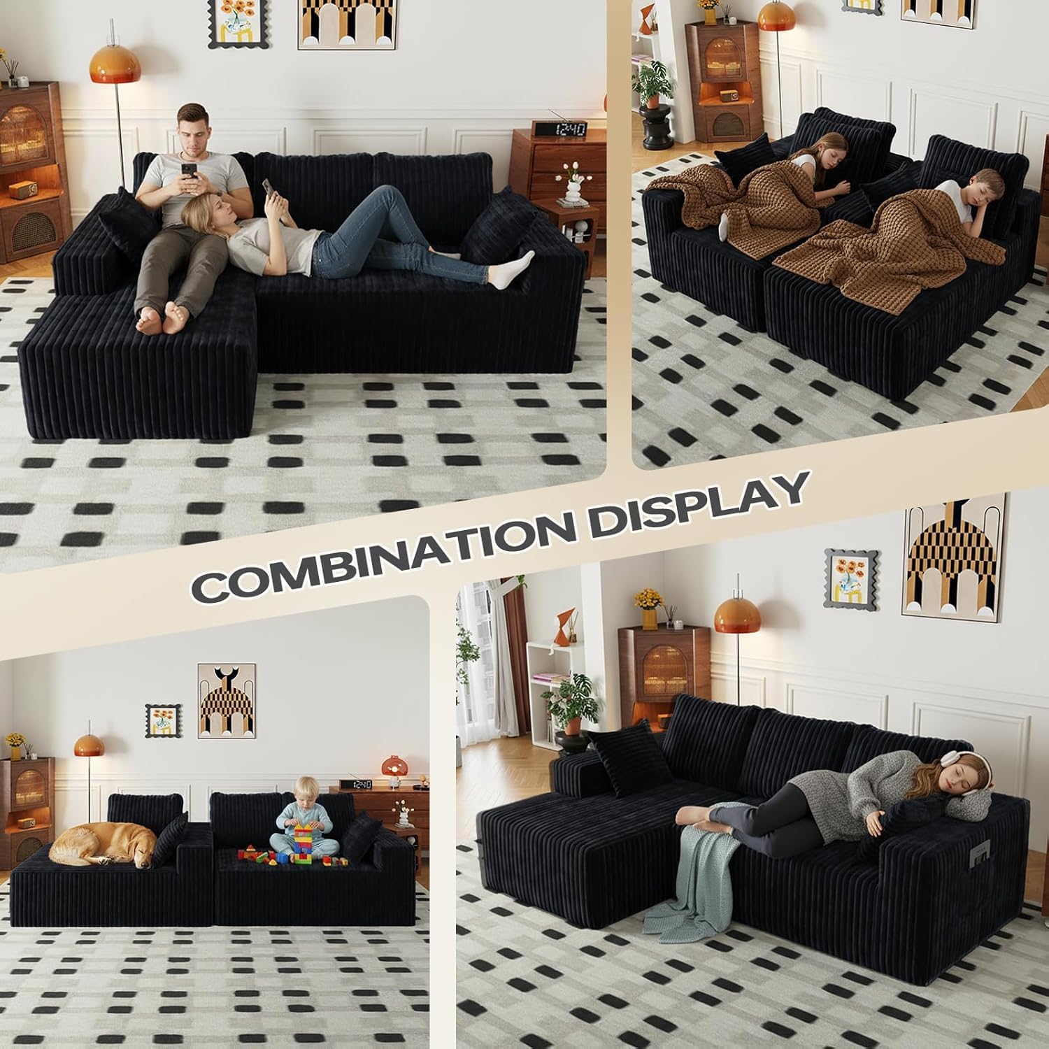 96' Modular Sectional Cloud Couch for Living Room Deep Seat L Shapes Boneless Couch with Oversized Chaise Lounge, Comfy Memory Foam Flannel Fabric Sofa for Bedroom Apartment, No Assembly Required