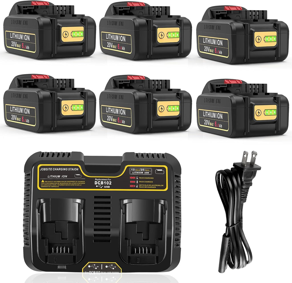 6 Packs 20V 6.0Ah Battery with DCB102 2-Port Fast Charger Combo Compatible for DeWalt 20V Max Battery DCB206 DCB205 DCB207 DCB208, Compatible with DeWalt 20 Volt DCD/DCF/DCG/DCS Cordless Power Tools
