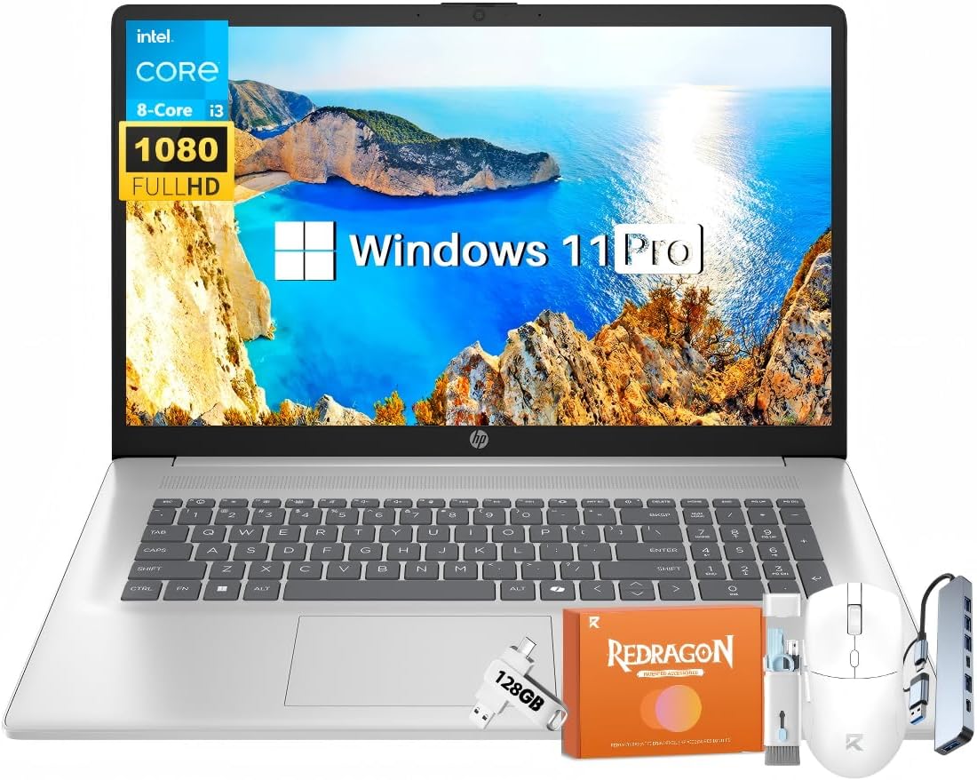 HP 17 Laptop Computer 2025 for Business Students, 17.3' FHD Display, Intel 8-Core Processor, 16 GB RAM, 512 GB SSD, Windows 11 Pro, Copilot AI, Up to 9.5 Hours Battery, Wi-Fi 6, BT 5.4, w/Accessories