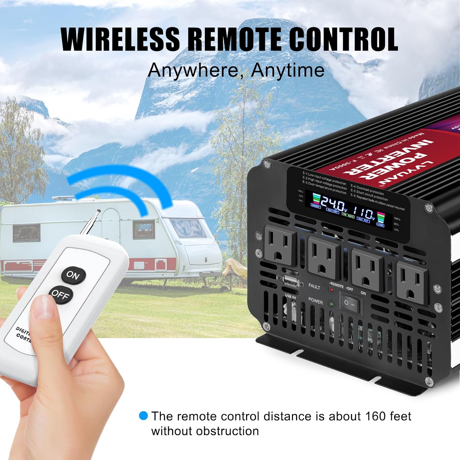 LVYUAN 3000 Watt Power Inverter 24V to 110V 120V DC to AC with 4 AC Outlets, LCD Display, USB Port & Remote Control for Home, RV, Vehicle, Truck, Off-Grid Solar System, Heavy Duty Outdoor Camping
