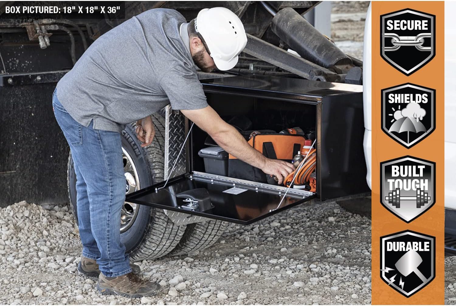 Buyers Products 1702317 Black Steel Underbody Truck Tool Box – 18 x 18 x 66 Inch - Truck Bed & Underbelly RV Storage Box, Locking T-Latch, Weather-Resistant, Heavy-Duty Flatbed Job Box, Made in USA