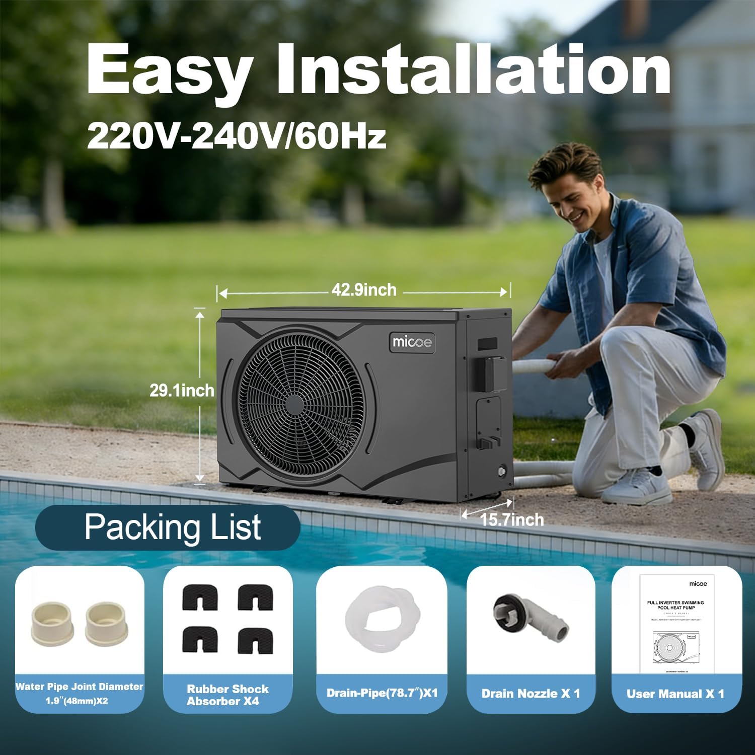 MICOE 75,000 BTU Smart Swimming Pool Heat Pump, Electric Pool Heater for 21,000 Gallons Above Ground & Inground Pools, App-Controlled Heating & Cooling, 220–240V