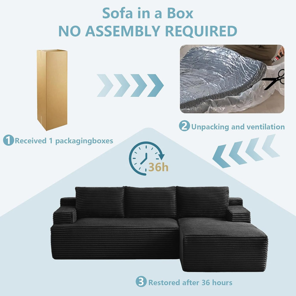 96' Cloud Sectional Couch with L-Shape Chaise, Modern Corduroy Boneless Couch for Living Room,Memory Foam Sofa with Deep Seat,No Assembly Required (Black,Right-Facing Chaise)
