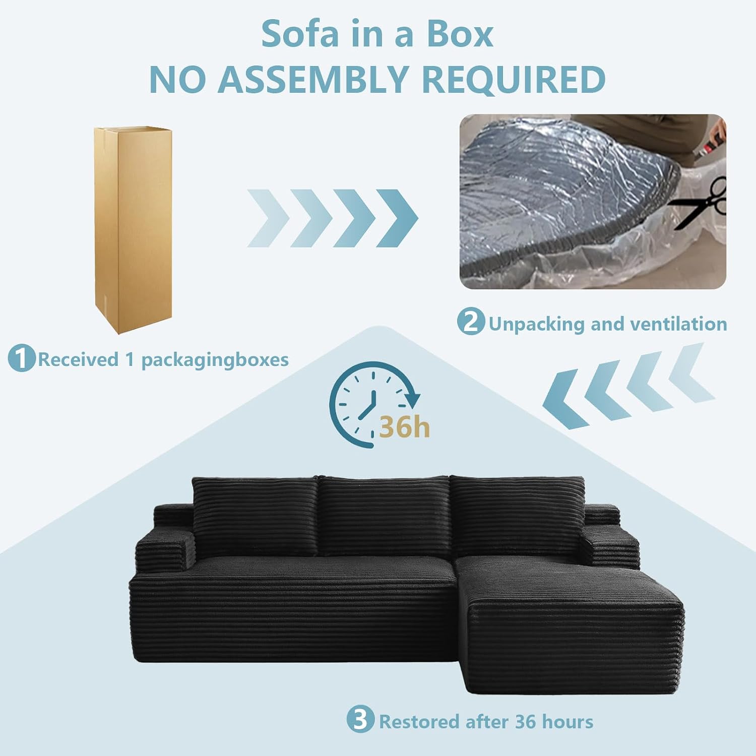 96' Cloud Sectional Couch with L-Shape Chaise, Modern Corduroy Boneless Couch for Living Room,Memory Foam Sofa with Deep Seat,No Assembly Required (Black,Right-Facing Chaise)