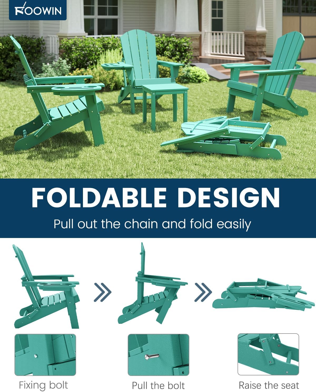 FOOWIN Folding Adirondack Chair Set of 4, HDPE Adirondack Chairs with Cup Holder, Weather Resistant Plastic Fire Pit Chairs for Outdoor, Patio, Lawn, Garden, Backyard, Deck, Lake Blue