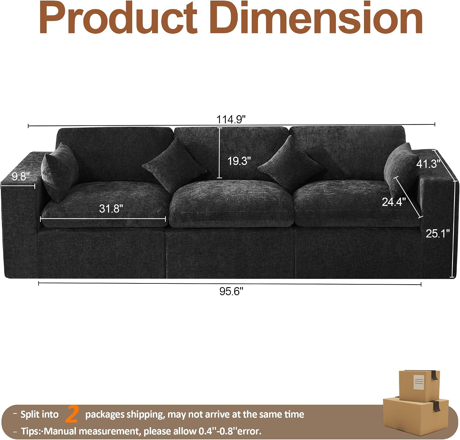115''Cloud Boneless Sectional Couch, Modular Sectional Sofa Deep Seat, Oversized Upholstered Convertible Comfy 3 Seater Chenille Memory Foam Sofa Couches for Living Room, Dark