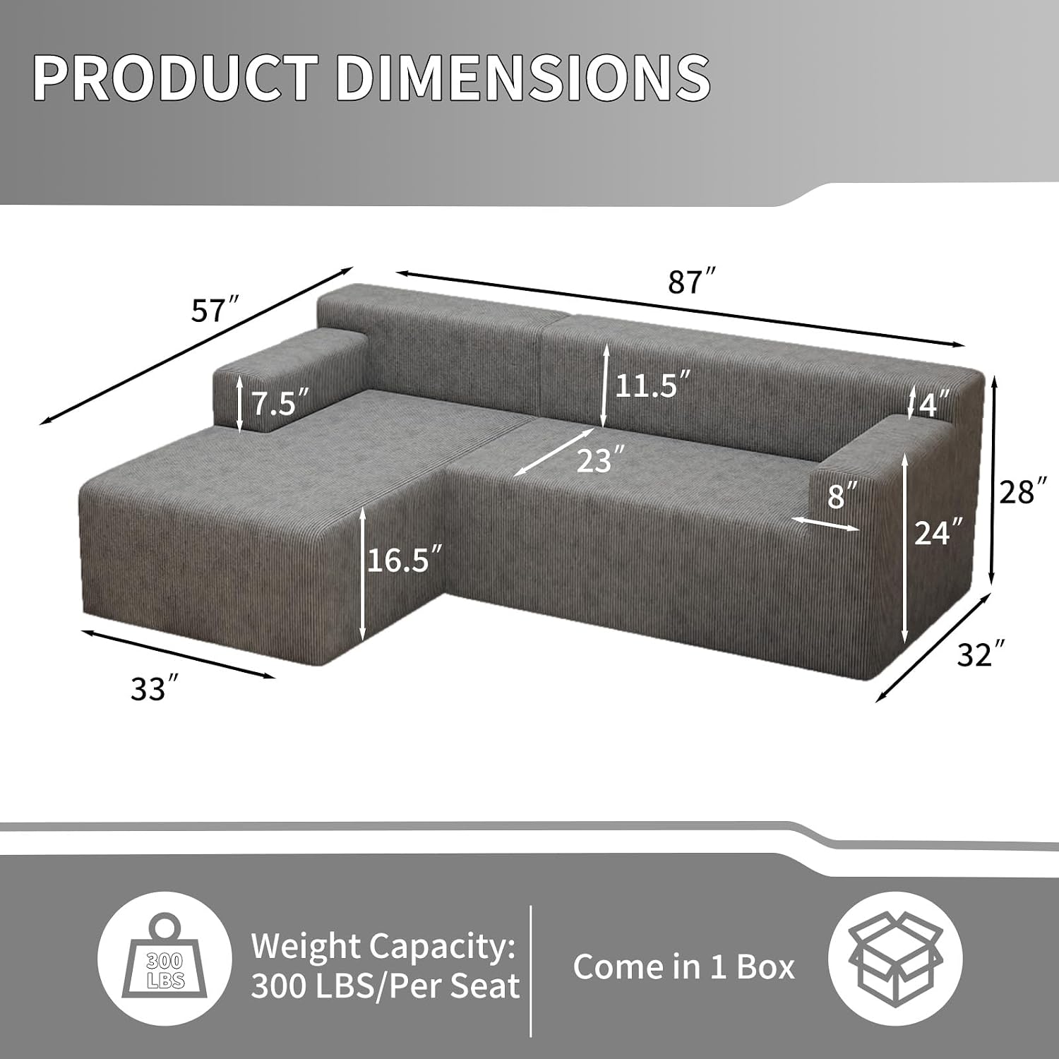 87' Modular Sectional Sofa, Cloud Sectional Couch with Deep Seat, Modern Modular L-Shape Sofa with Chaise, Cozy Boneless Couches for Living Room, Small Spaces, No Assembly Required
