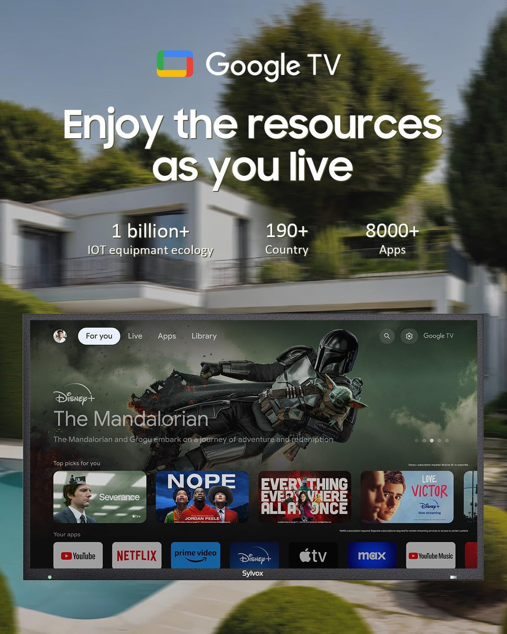 SYLVOX Full Sun Outdoor TV, 65'' QLED Smart TV, IP55 Waterproof, Dolby Vision HDR, Voice Remote,2000nits Weatherproof Television, Chromecast Built-in for Full Sun Area(Pool Pro QLED 3.0)