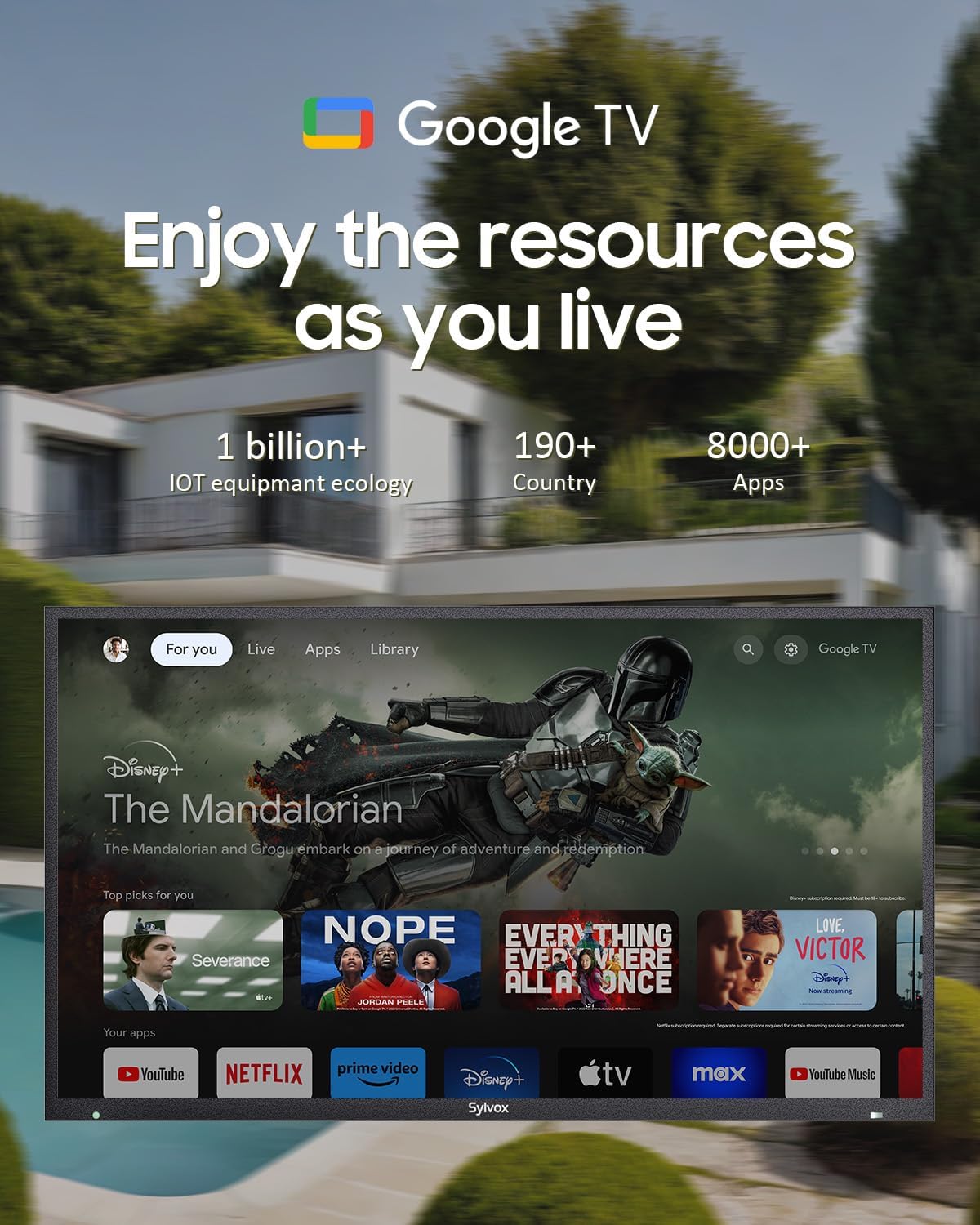 SYLVOX Full Sun Outdoor TV, 43'' QLED Smart TV, IP55 Waterproof, Dolby Vision HDR, Voice Remote,2000nits Weatherproof Television, Chromecast Built-in for Full Sun Area(Pool Pro QLED 3.0)