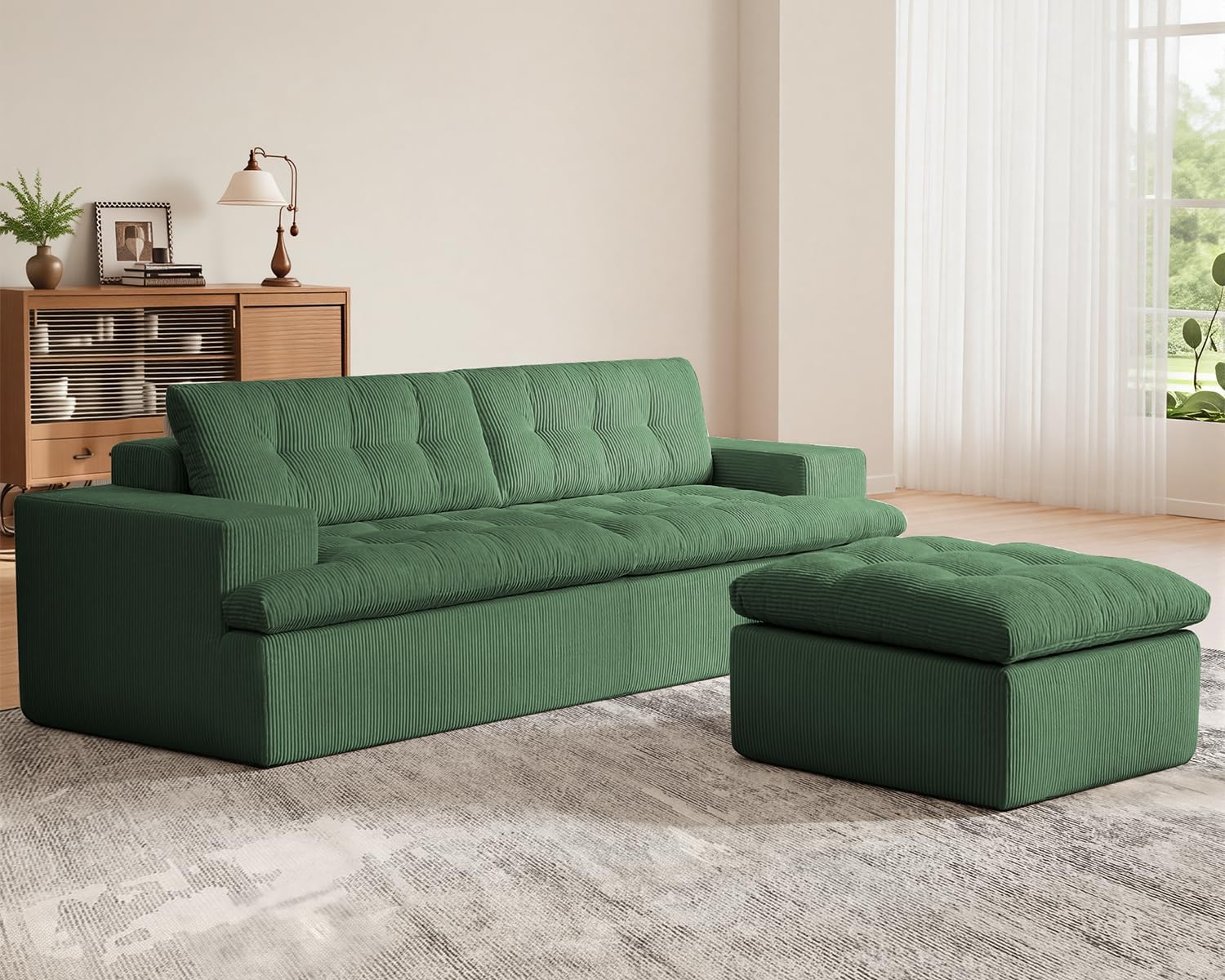 Cloud Sectional Boneless Sofa with Ottoman, Modular L Shaped Couch with Layered Cushion, Fluffy Comfy Couches for Living Room, No Assembly, Green