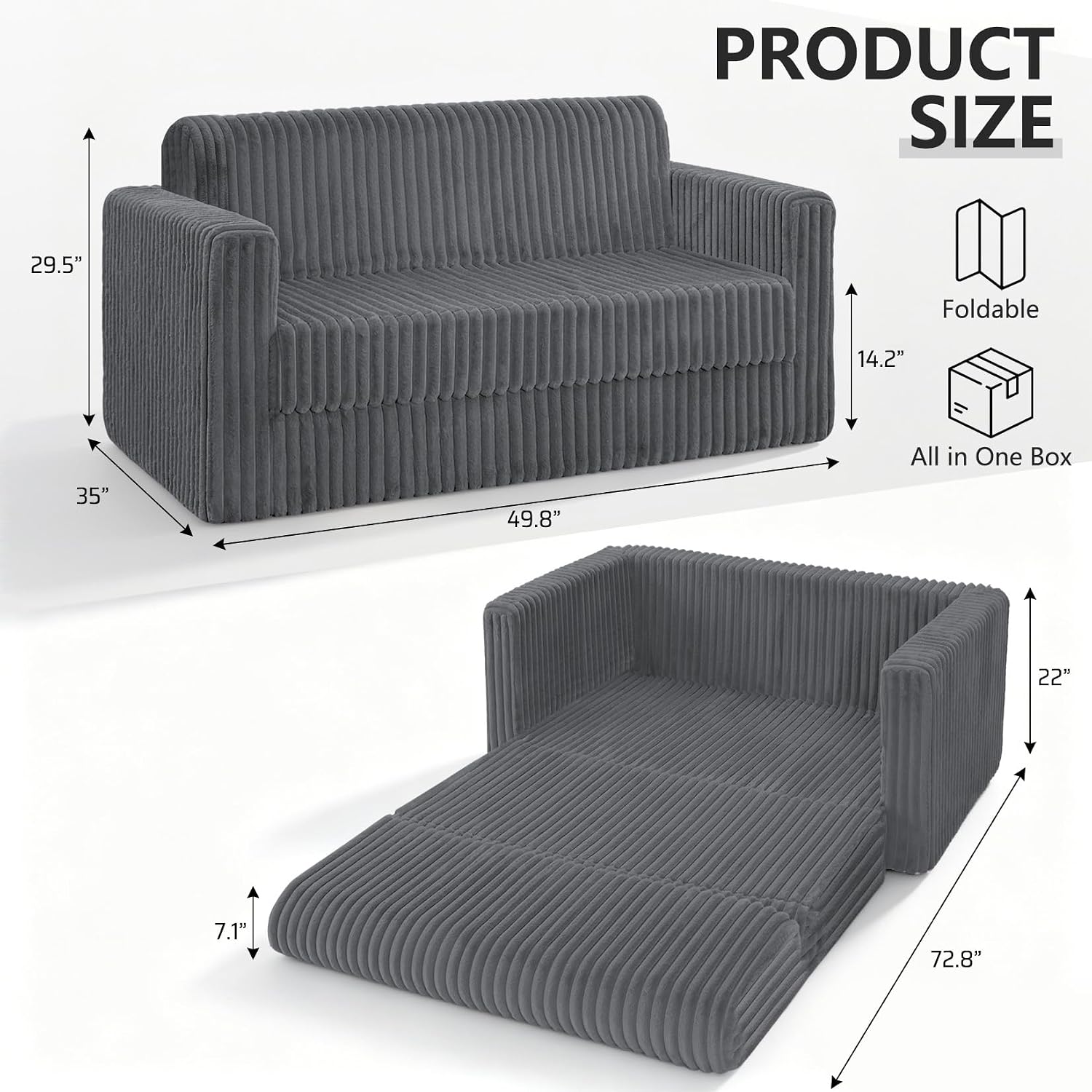 HABUTWAY Folding Sofa Bed, 2 in 1 Convertible Sleeper Chair with Armrest, Portable Fold Out Chair Bed, Comfy Floor Couch, Multi-Functional Lazy Sofa for Living Room Bedroom Dorm Home Office, Grey