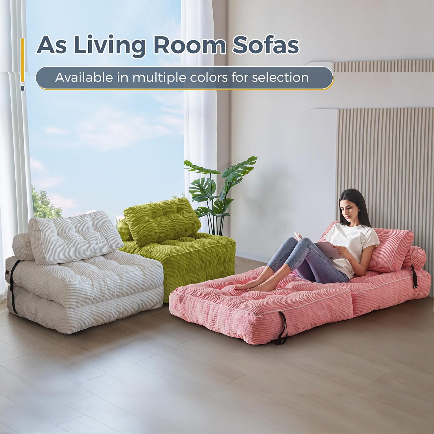 MAXYOYO Folding Sofa Bed, Convertible Sleeper Chair with Pillow Foldable Mattress with Back Support, Portable Fold Out Chair Bed Comfy Floor Sofa Lounge for Living Room Bedroom, Beige, Green