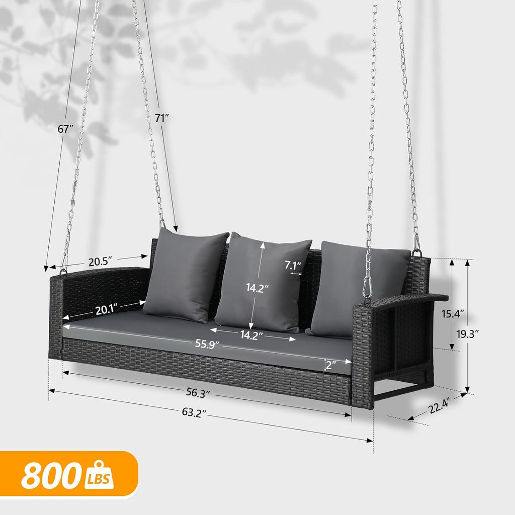VINGLI Rattan Porch Swing, Heavy Duty 800 LBS Outdoor Hanging Seat with Extra Cushion and Adjustable Chain, the Porch Swing Seat Made by Wicker Suits for Garden, Yard, Lawn (Black, 5 FT)
