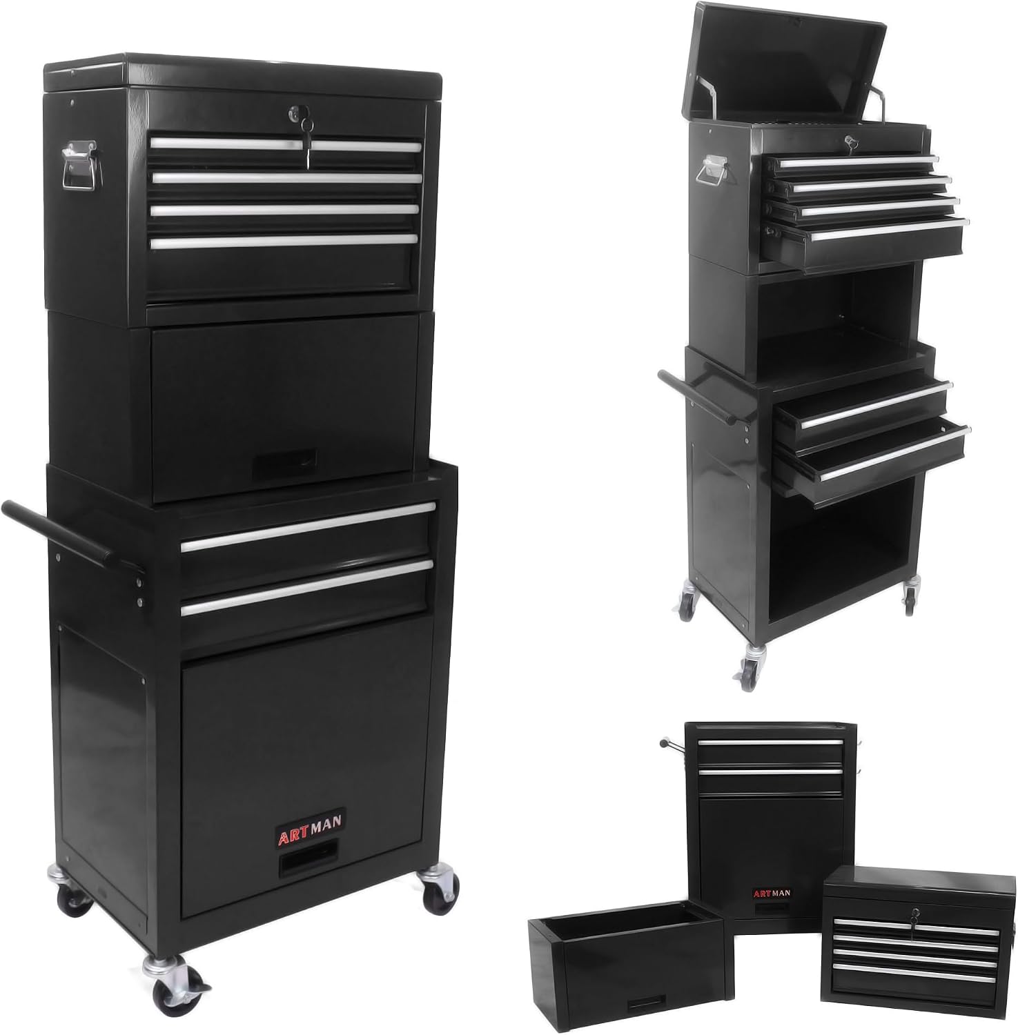 6-Drawer Tool Chest, 3-in-1 Rolling Tool Box with Detachable Top Toolbox & Key Lock,Tool Cabinet with Protective Liner & Universal Lockable Wheels,Metal Storage Cart for Garage,Workshop (Black)