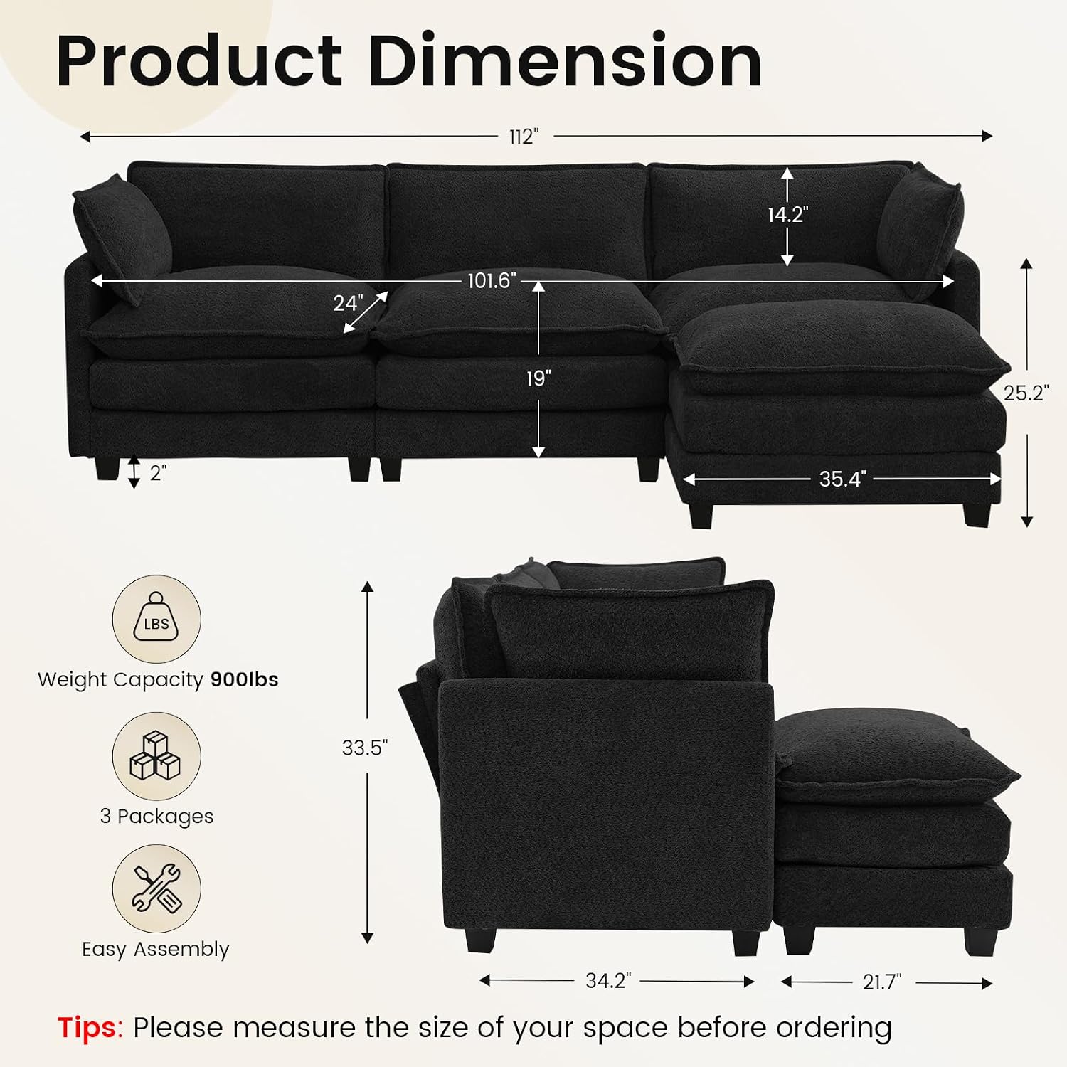 ROWHY Oversized Modular Sectional Couch with Movable Ottoman, 112' Modern Convertible L Shaped Sofa Set, 4 Seat Comfy Cloud Couch with 2 Throw Pillows, for Living Room and Office, Chenille, Black